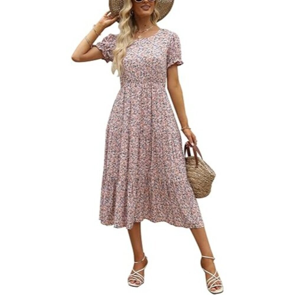 Women Floral Puff Sleeve Tiered A-Line Midi Dress Pockets Boho Cottagecore S